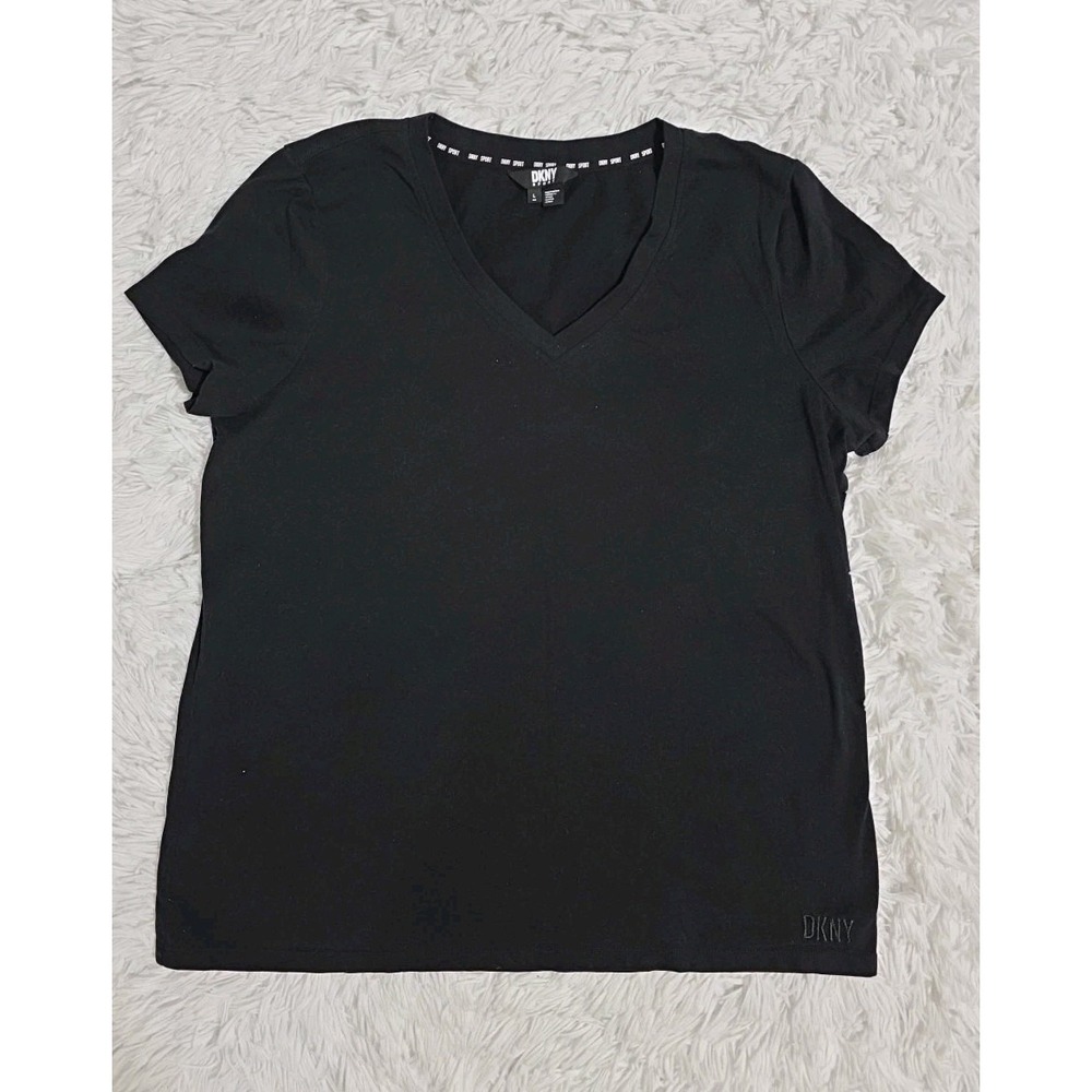 DKNY Sport Women's Black Solid V-Neck Short-Sleeve Tech Top Size Large‎